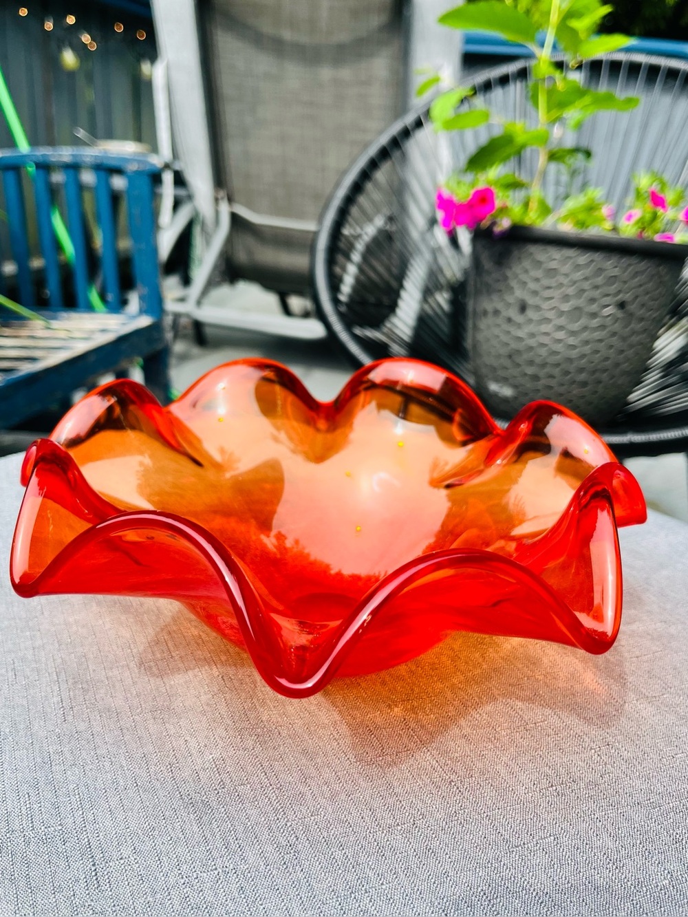 Vintage Amberina Red Orange Ruffled Art Glass Bowl MCM Centrepiece